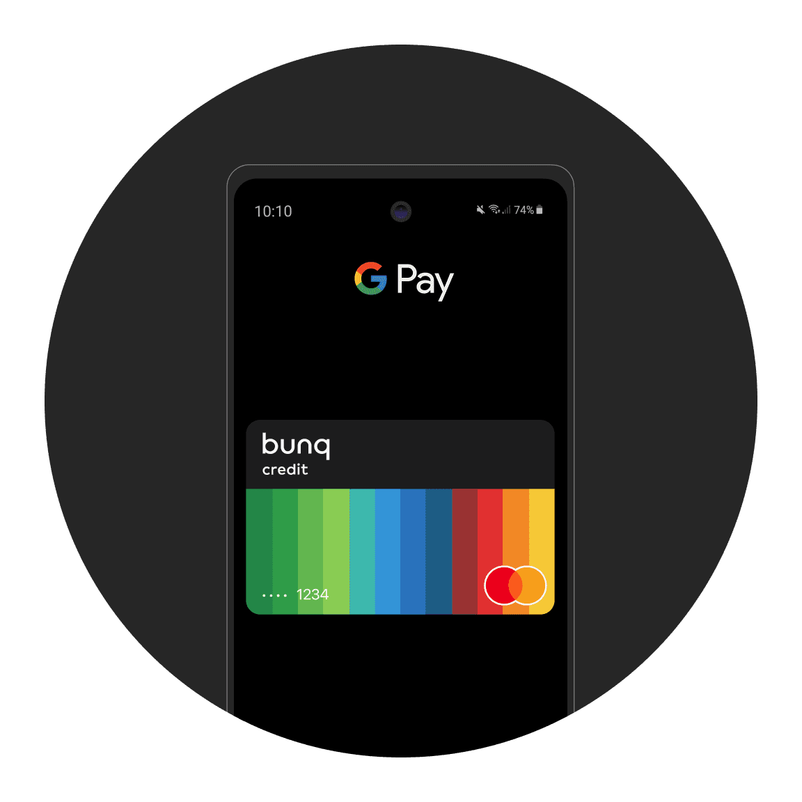 Een hand met een telefoon waarop een bunq-kaart wordt weergegeven in Google Pay, met zwevende munten, symbool voor digitale wallet-integratie.