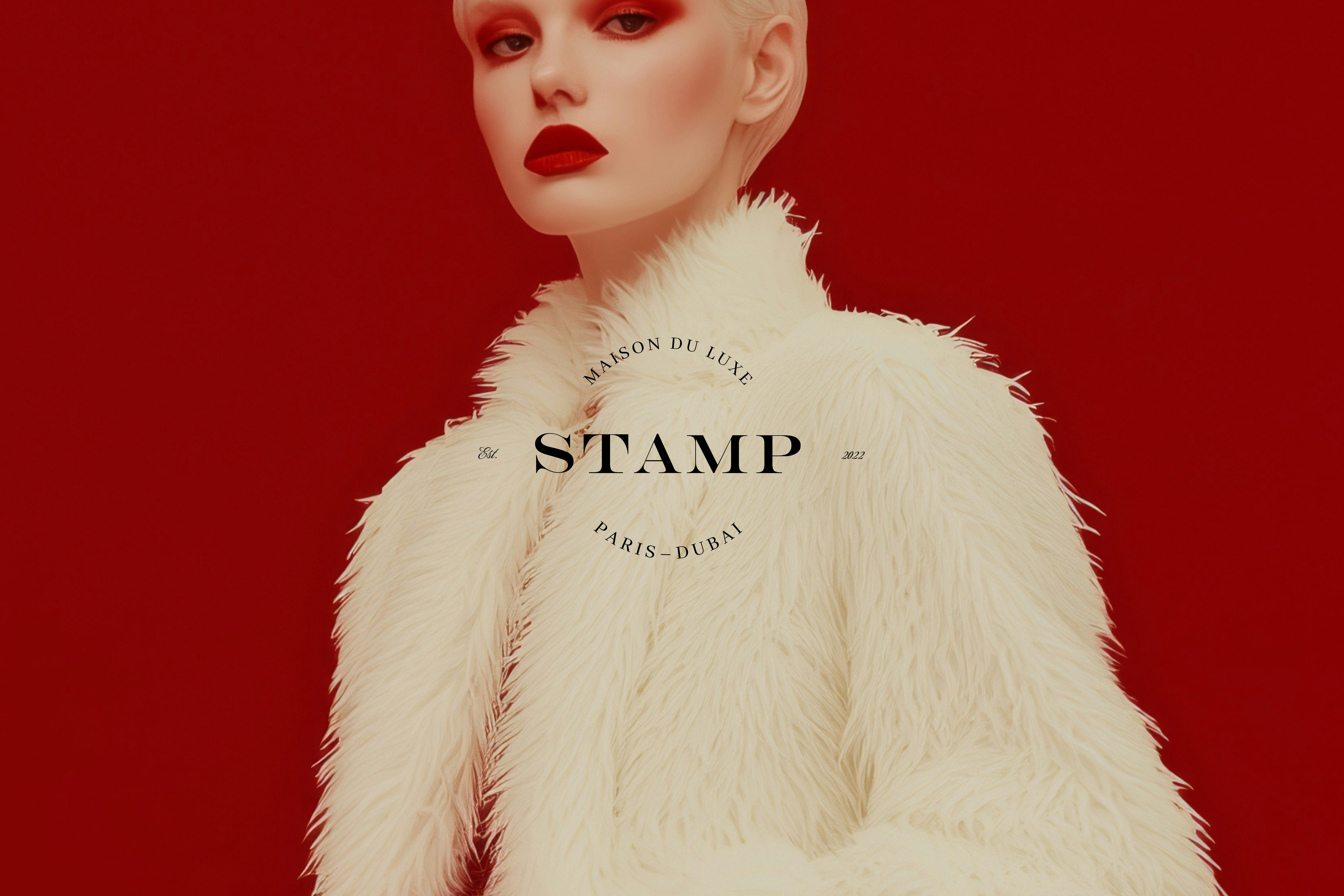 A striking portrait of a model in a white faux fur coat against a bold red backdrop, with the STAMP logo elegantly placed in the center.