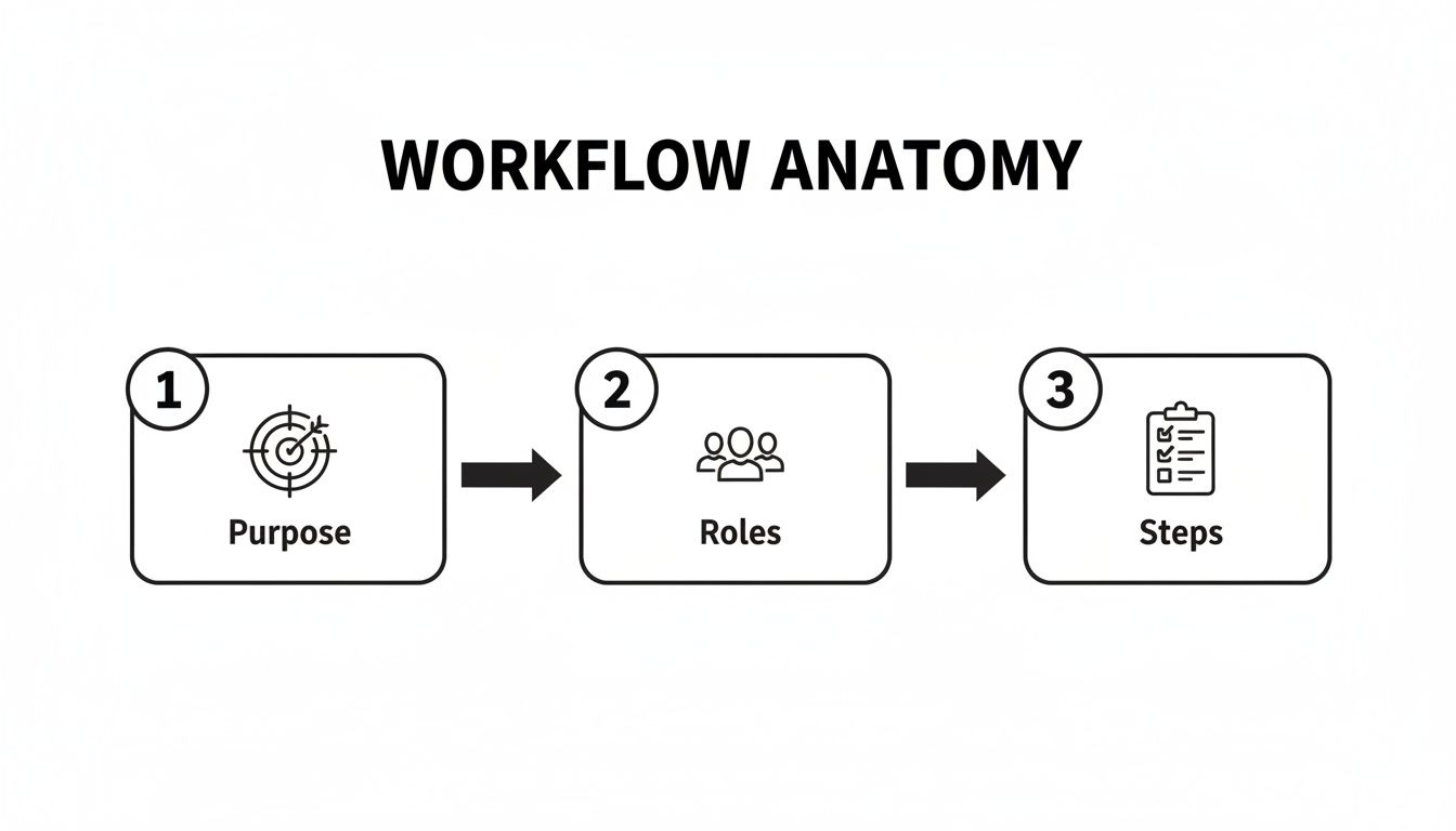 A diagram illustrating 'Workflow Anatomy' with three key stages: Purpose, Roles, and Steps.