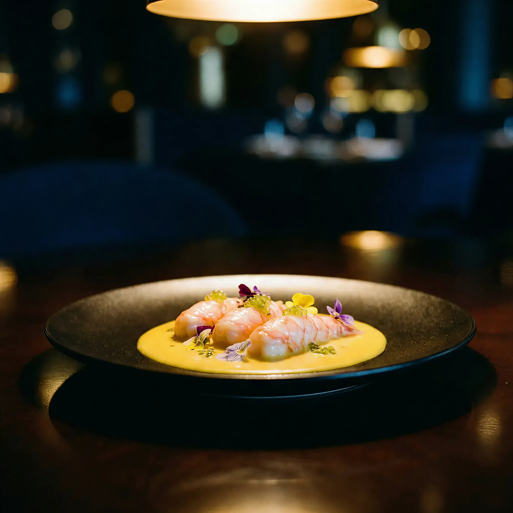 A gourmet dish featuring delicate prawns on vibrant yellow sauce, adorned with colorful edible flowers, under warm, elegant lighting in an upscale restaurant.