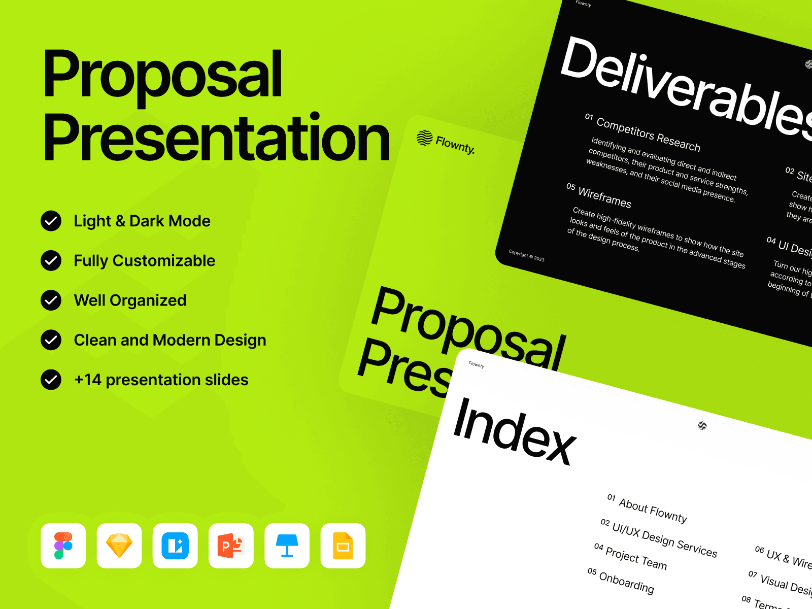 Flownty proposal presentation template with structured business slides and soft gradients