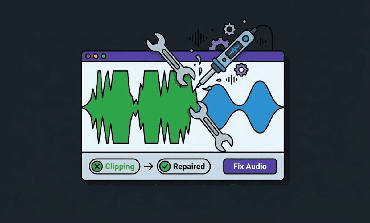 Audio waveform being repaired with tools and icons, showing clipped audio transformed into clean, balanced sound in Premiere Pro.