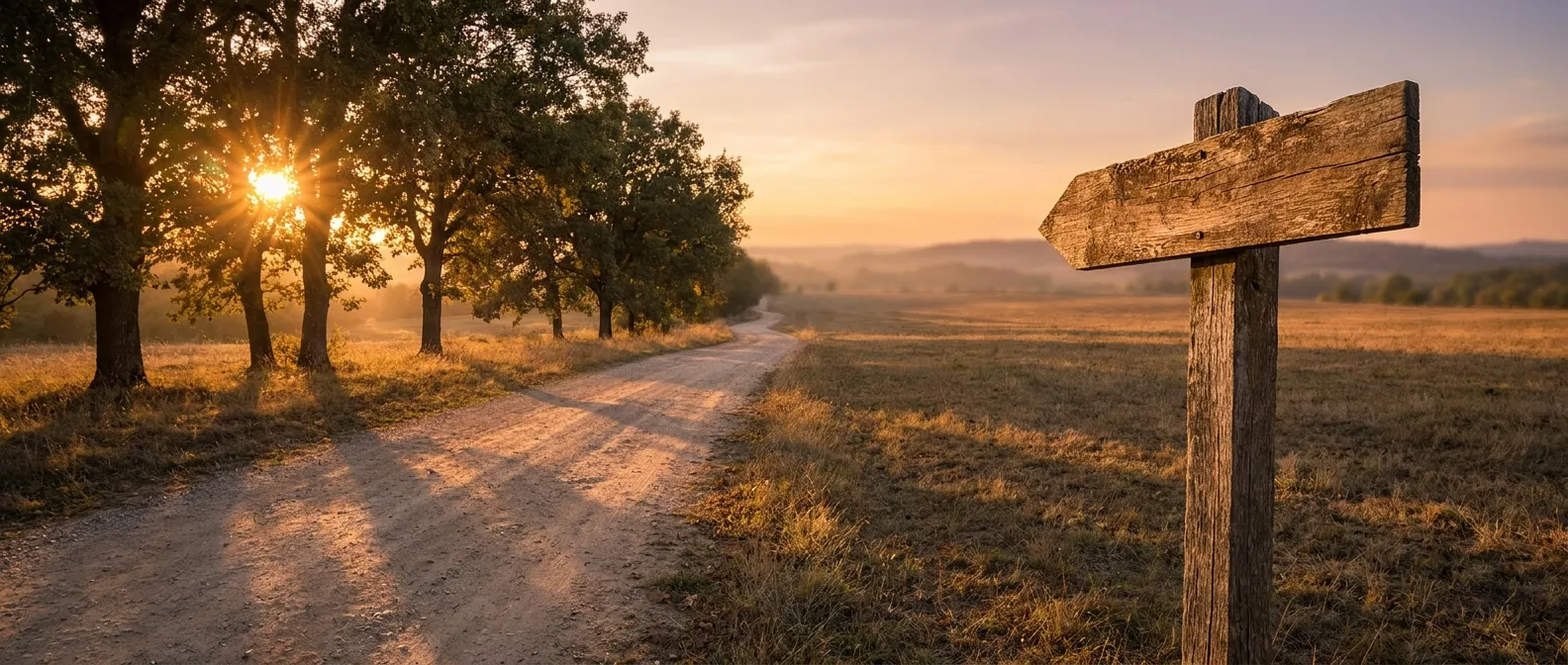Rustic path sign at sunset; RockN' Socials Digital Marketing Agency.