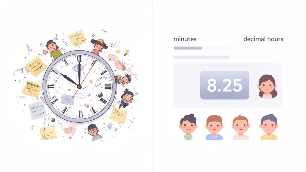 Cartoon children and sticky notes surround a clock, alongside a digital interface showing 8.25 decimal hours.