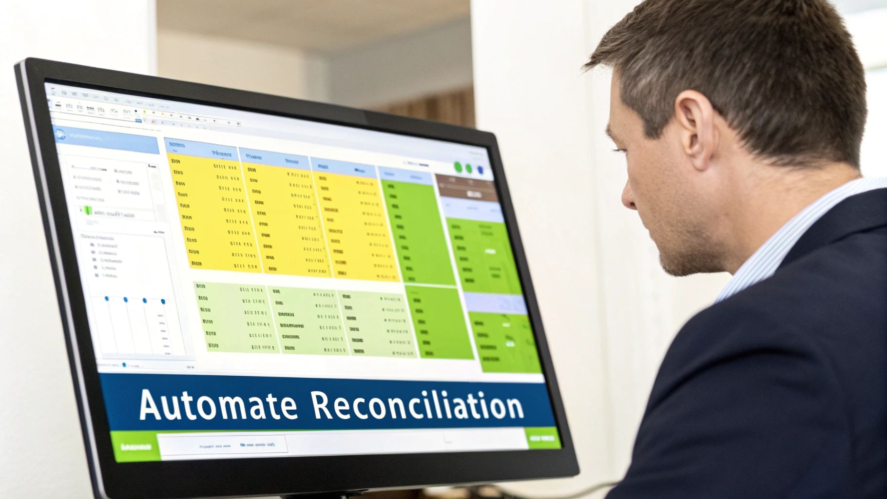 Man in a suit viewing a computer screen displaying automated financial reconciliation software.