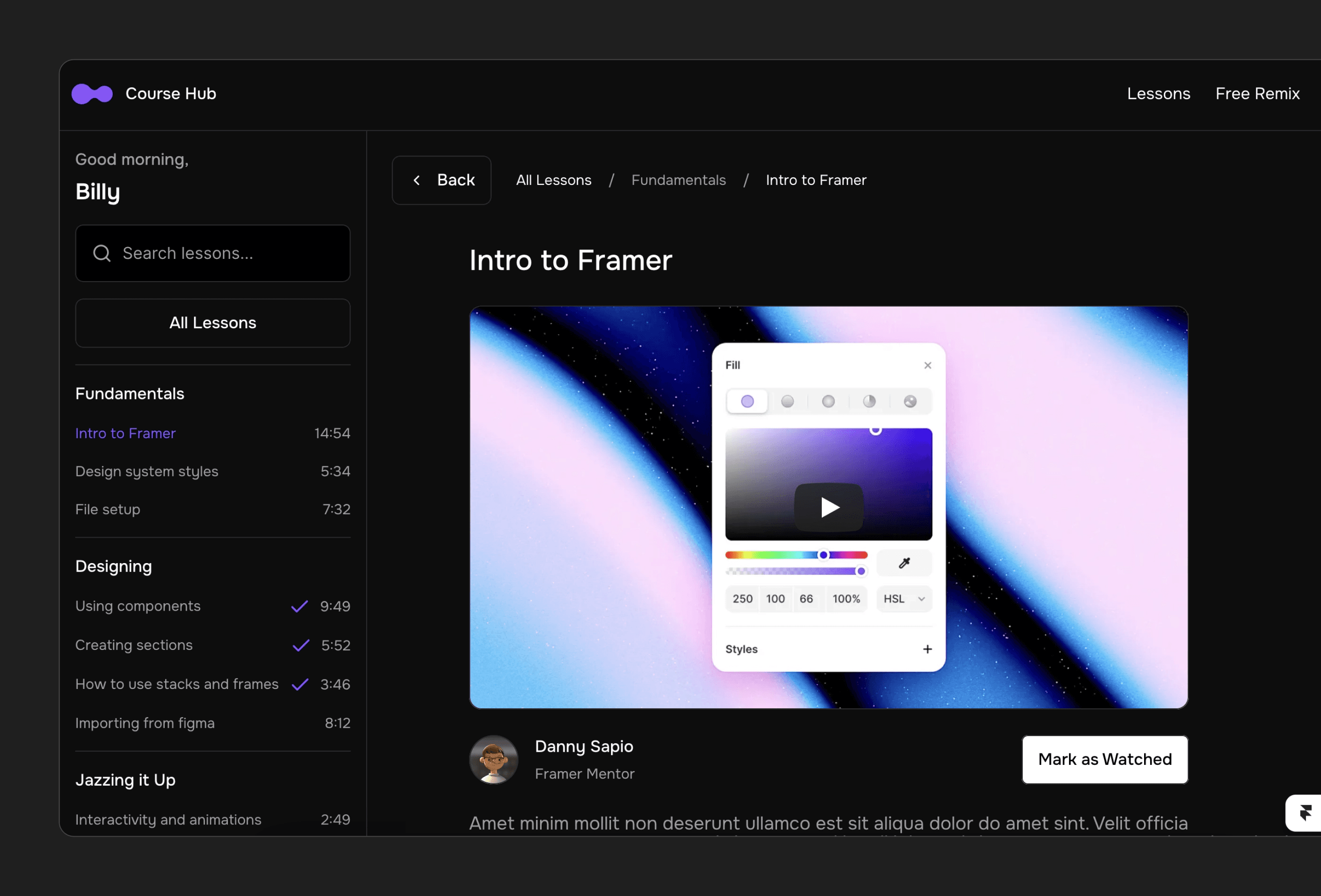 Course Hub e-learning dashboard featuring a dark interface and Intro to Framer video lesson.