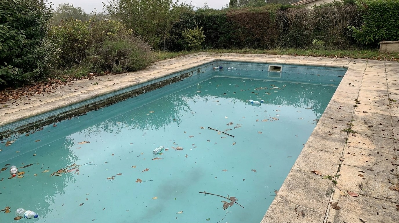 Residential pool before seasonal cleaning