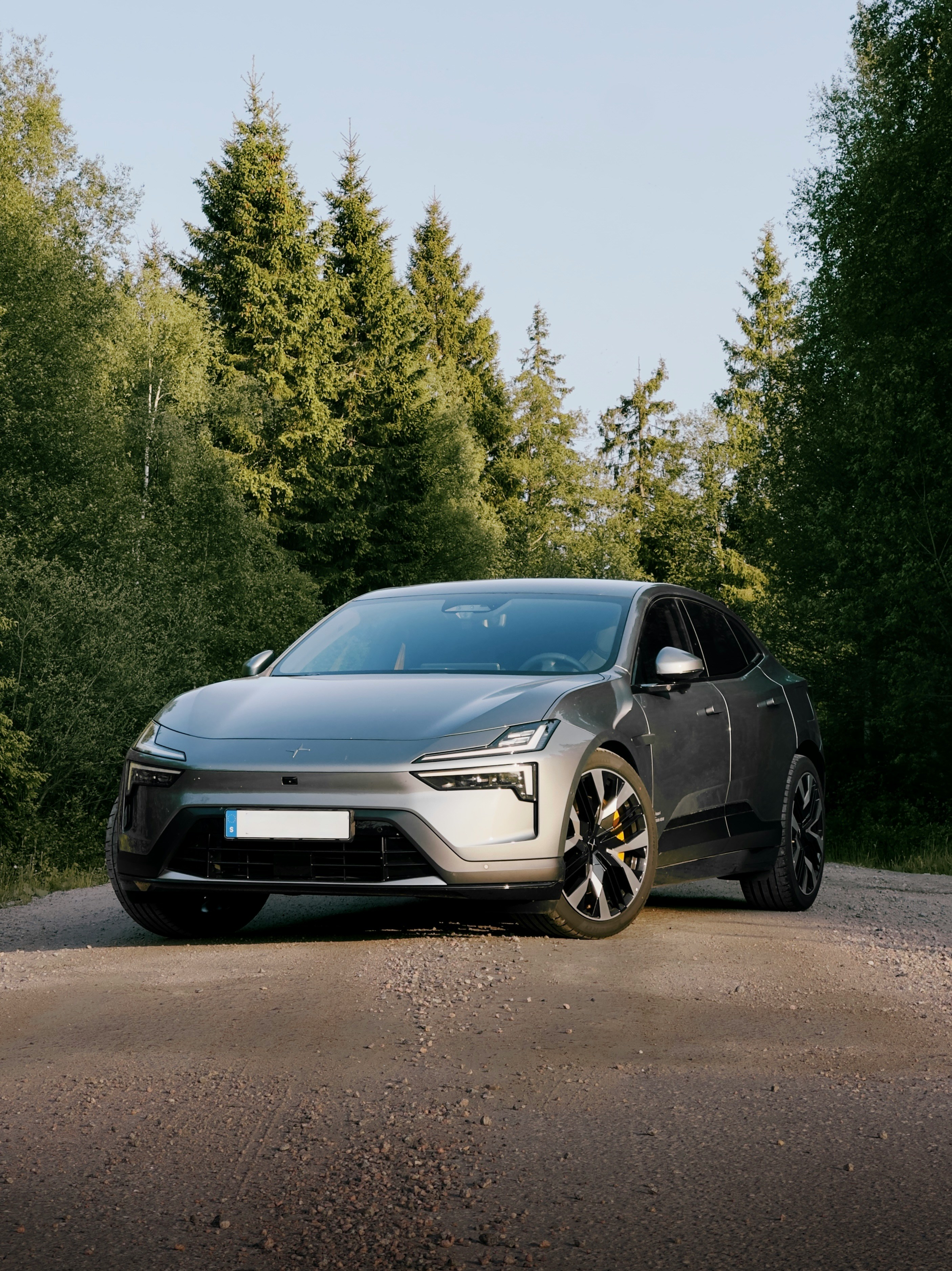A gray car is parked on a forest road.