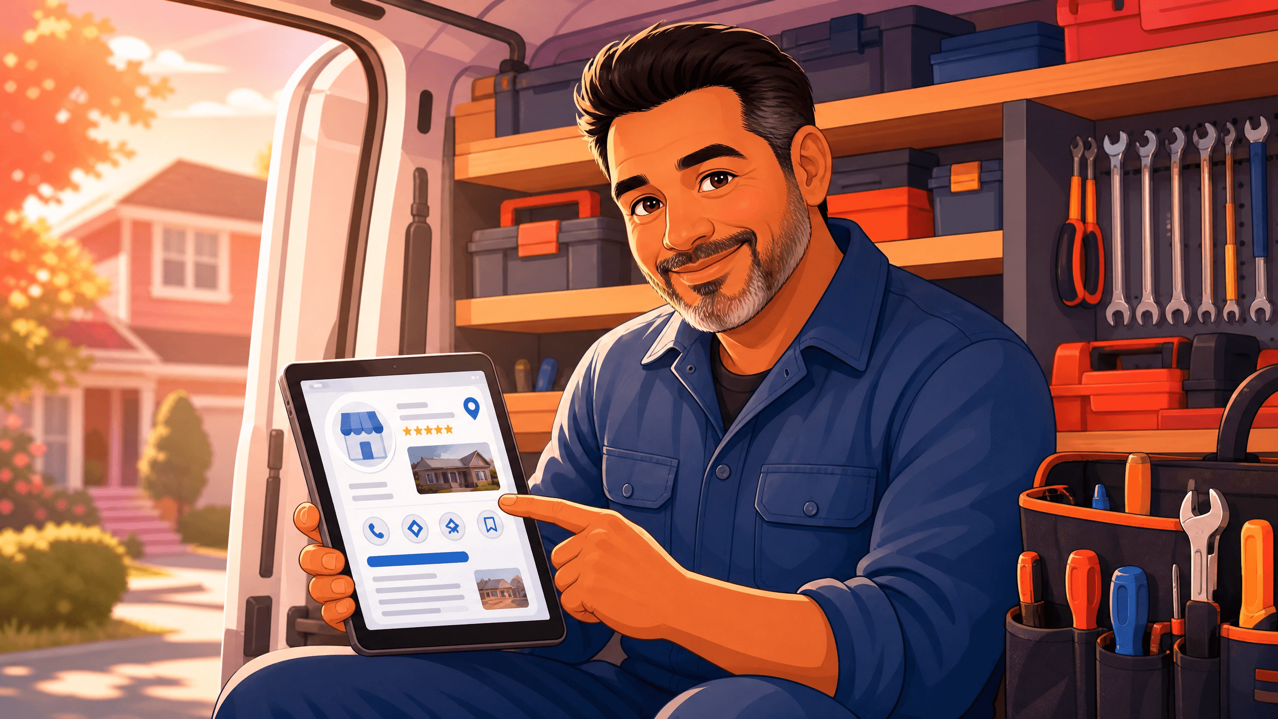 A friendly cartoon illustration of a smiling tradesperson in their well-organized service van, checking their Google Business Profile on a tablet. Warm lighting and tools in the background.