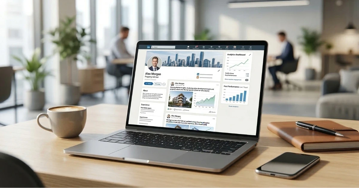 Real estate agent’s LinkedIn profile on a laptop screen showing professional content and engagement metrics
