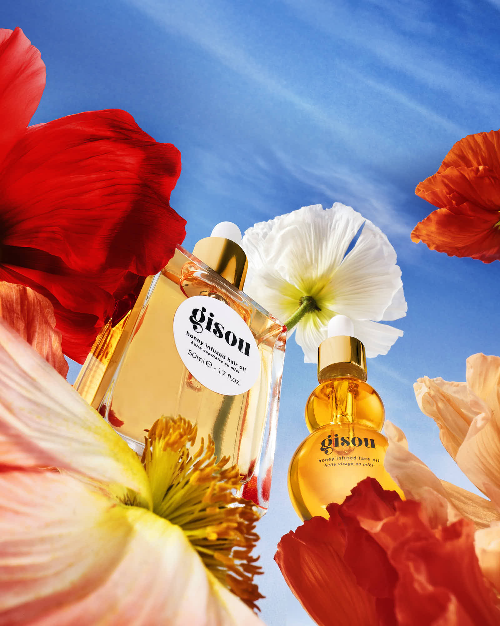 A vibrant close-up of colorful flowers against a blue sky, showcasing a joyful and bright atmosphere.