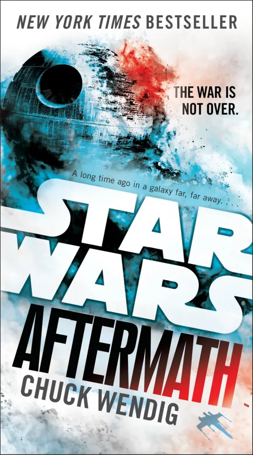 Cover of “Star Wars: Aftermath” by Chuck Wendig, depicting a battle-worn Death Star with red and blue explosions, highlighting the chaotic state of the galaxy after the fall of the Empire.