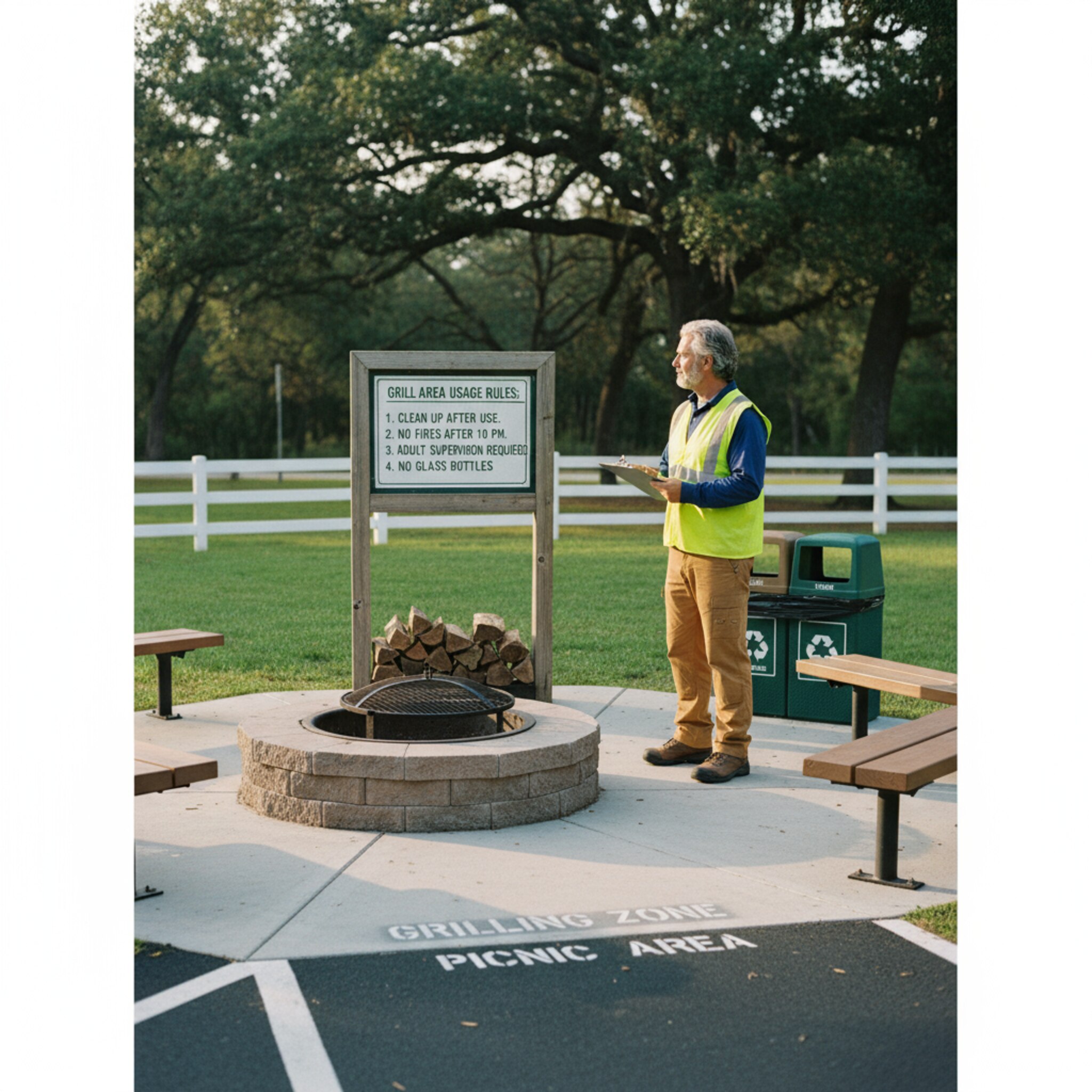 Am Rand eines Grillplatzes überprüft ein Verantwortlicher mit gelber Weste die Nutzungsordnung auf einem Aushang, während die Feuerstelle leer und sauber vorbereitet ist. Sanftes Morgenlicht betont klare Strukturen. Die Atmosphäre wirkt ordentlich, regelkonform und ruhig.