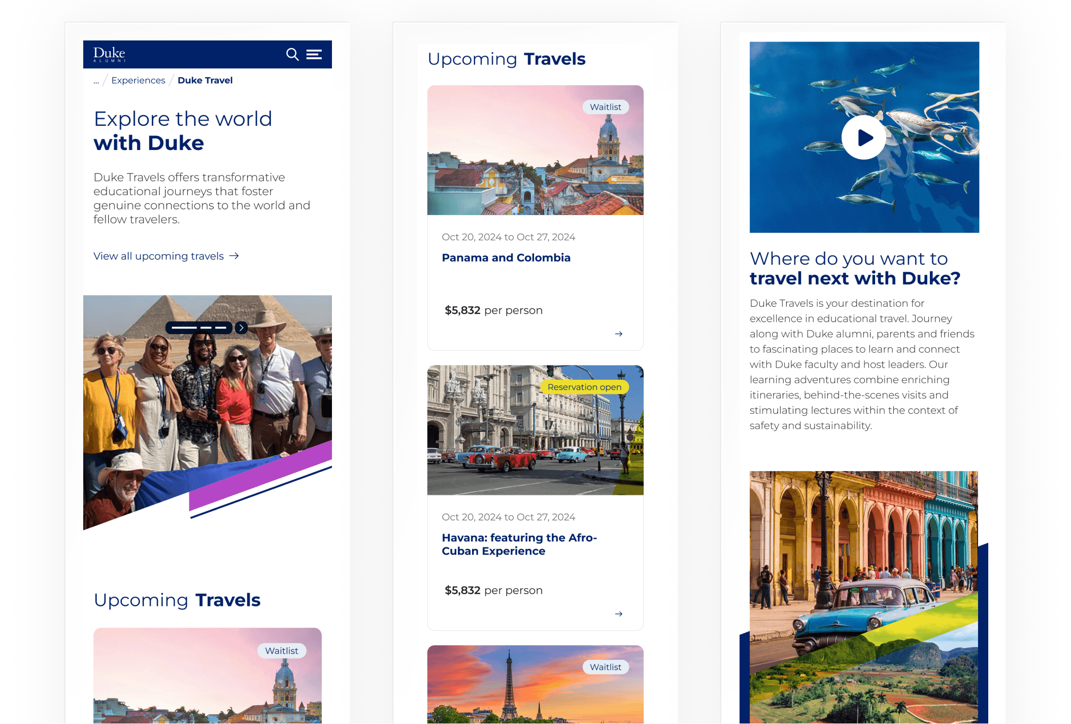 Mobile Screens of Duke Travel Site