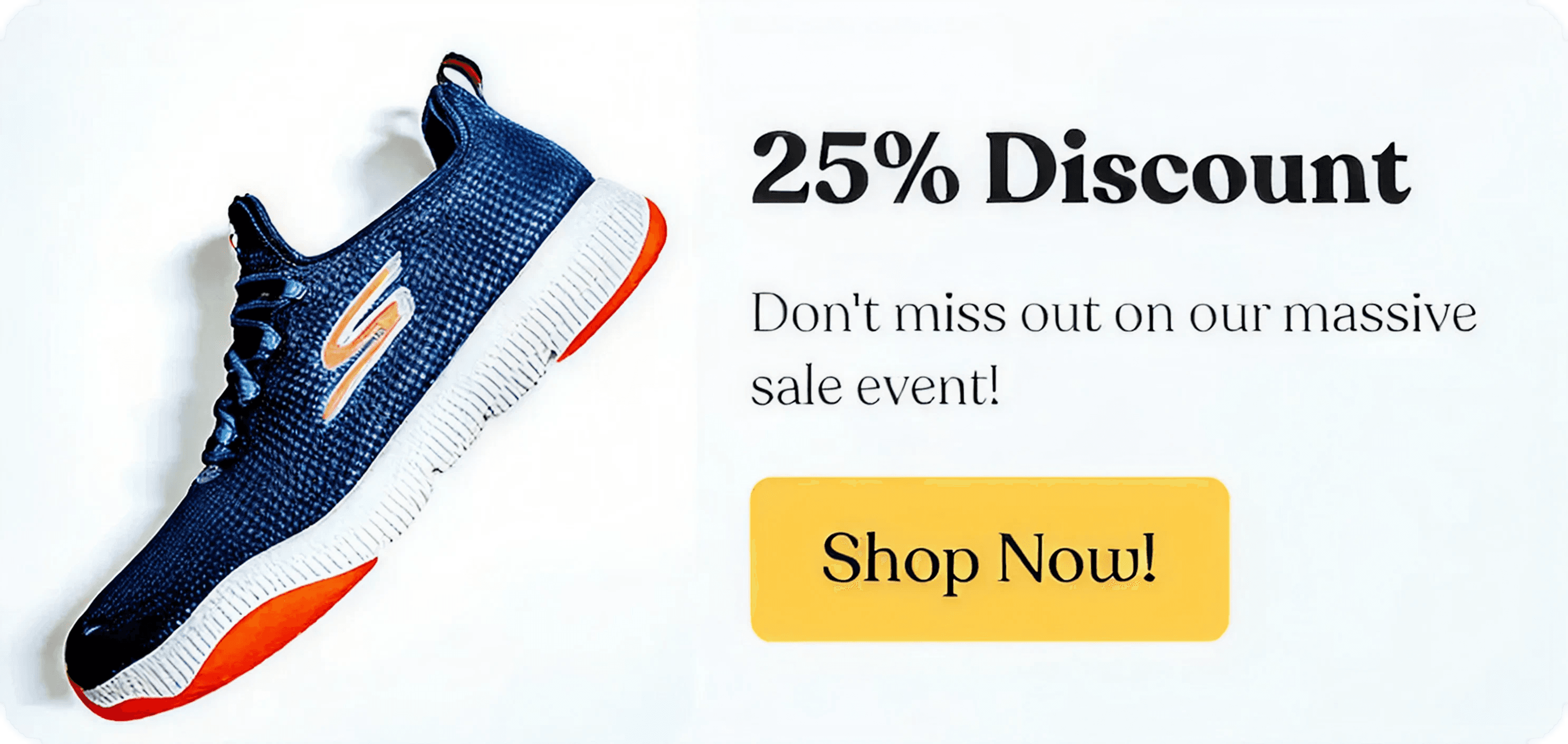 Sports sale banner showing “25% Discount” with a sneaker image and a “Shop Now” button.