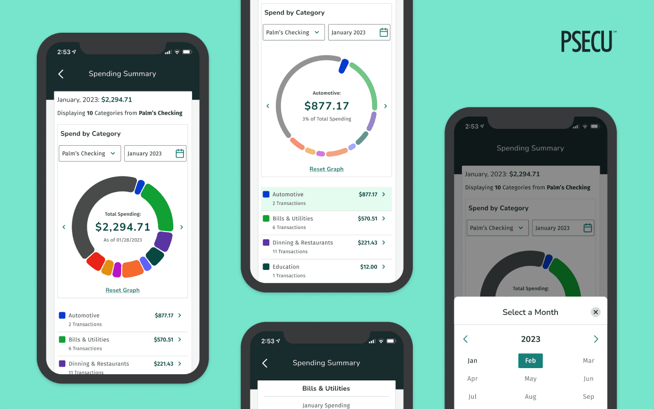 PSECU Spending Summary Feature Web and mobile app