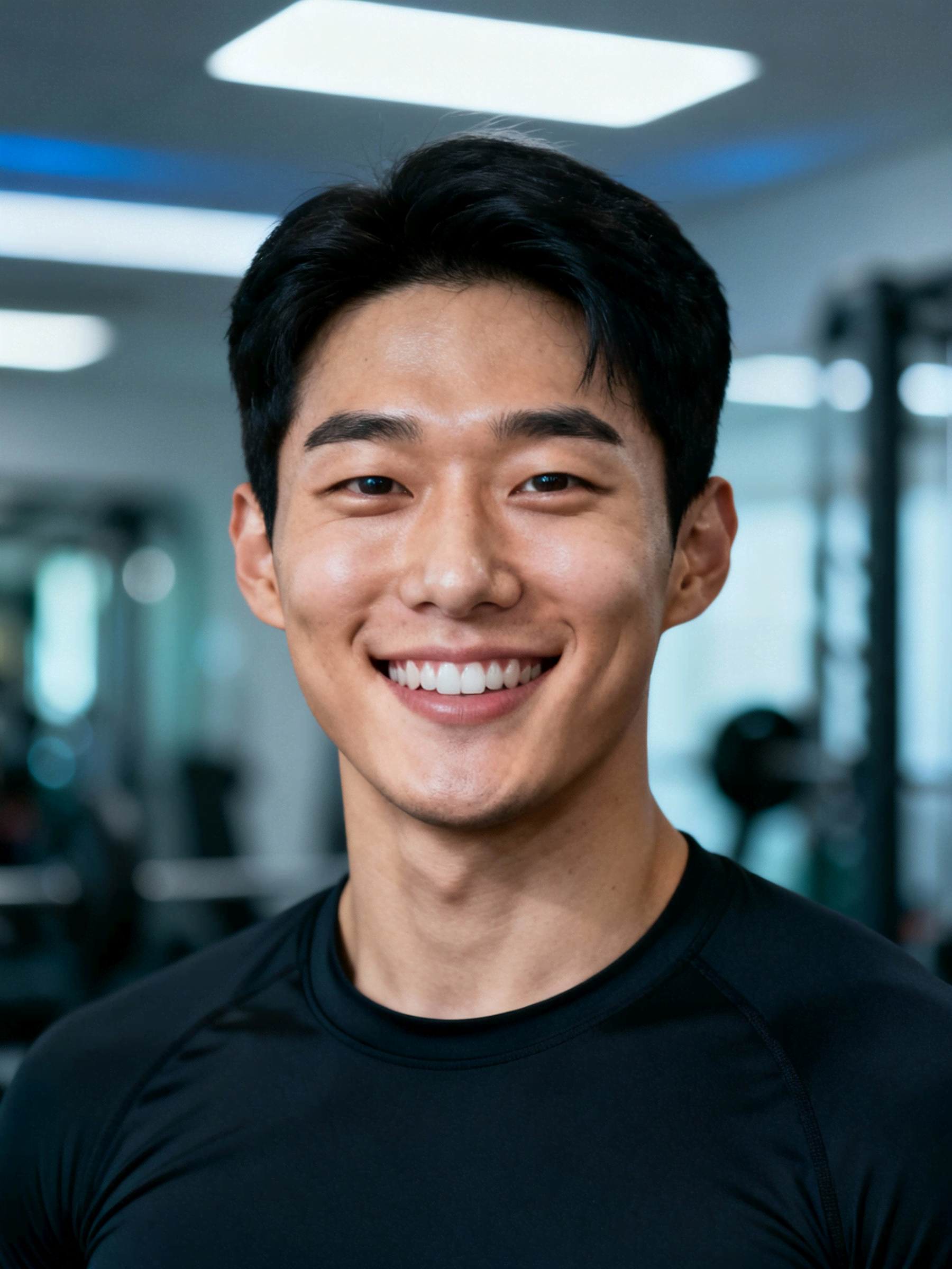 Smiling male athlete wearing a black performance shirt in a bright, modern gym setting.