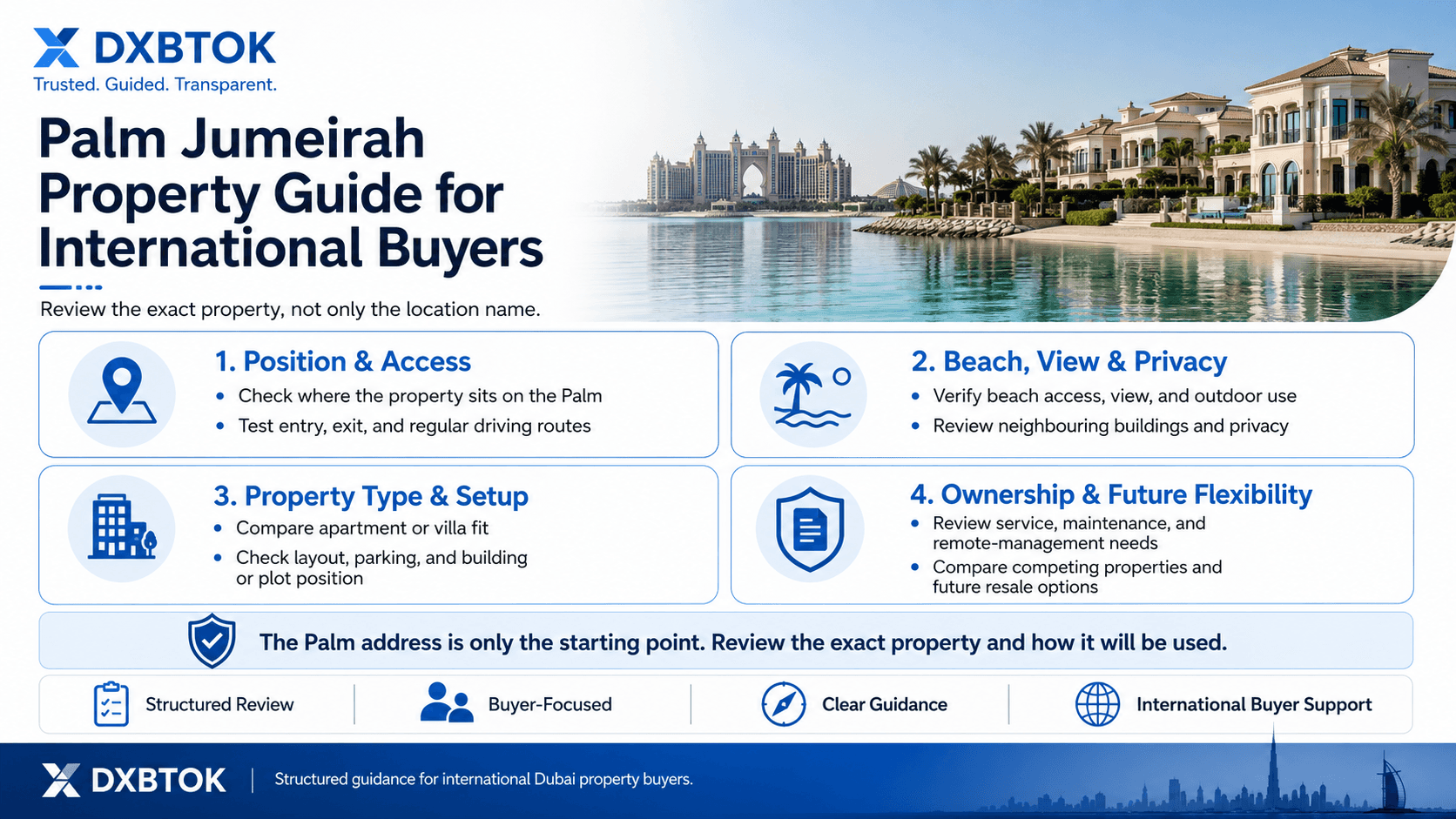 DXBTOK infographic for international buyers reviewing Palm Jumeirah property, covering island position, access, beach and view, privacy, apartment or villa fit, ownership costs, remote management, and future flexibility.