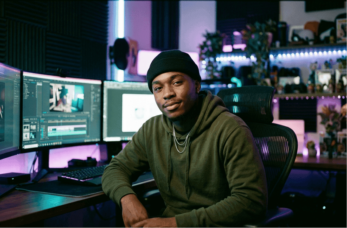 Serene woman meditates on surfboard floating in ocean at sunset.