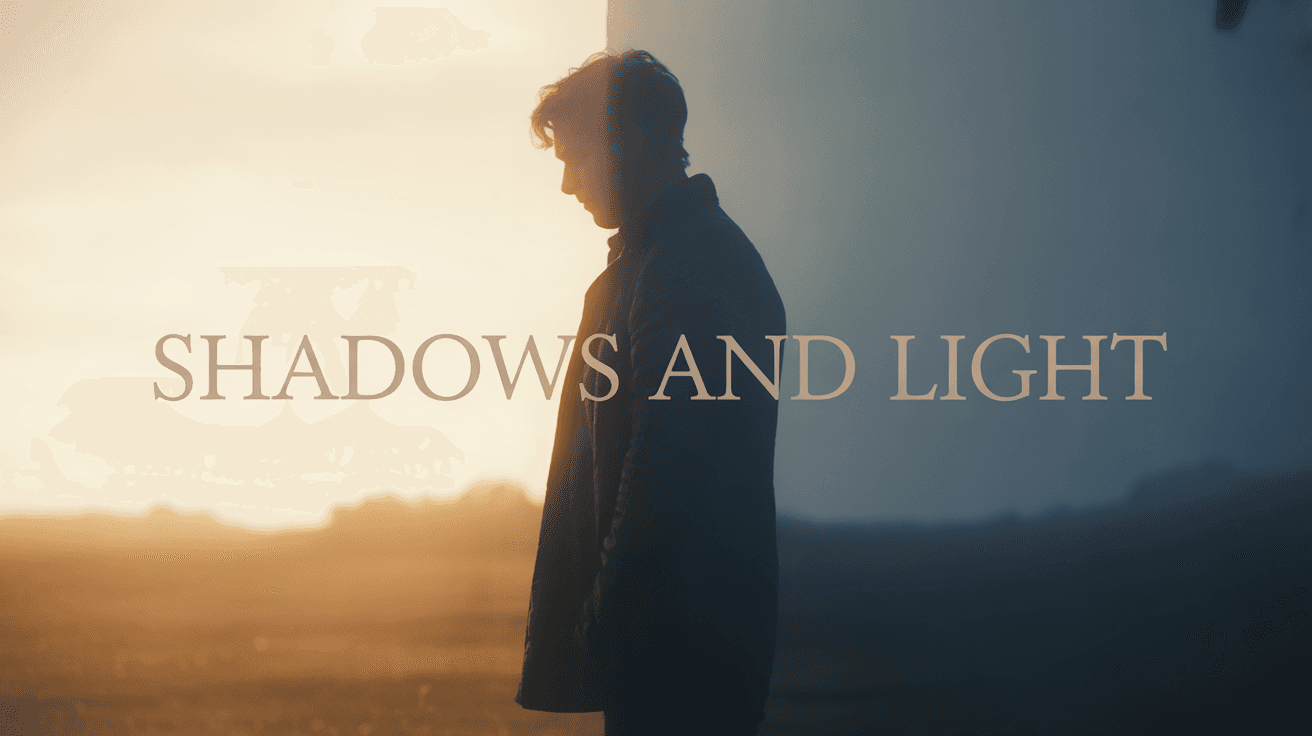 Lone silhouette at dawn dusk horizon with Shadows and Light title