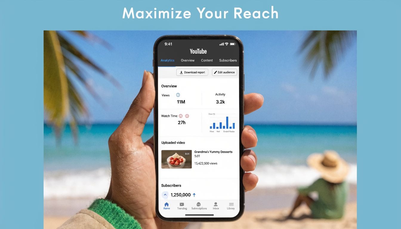 A person holding a smartphone showing YouTube analytics data on a beach with an ocean background.