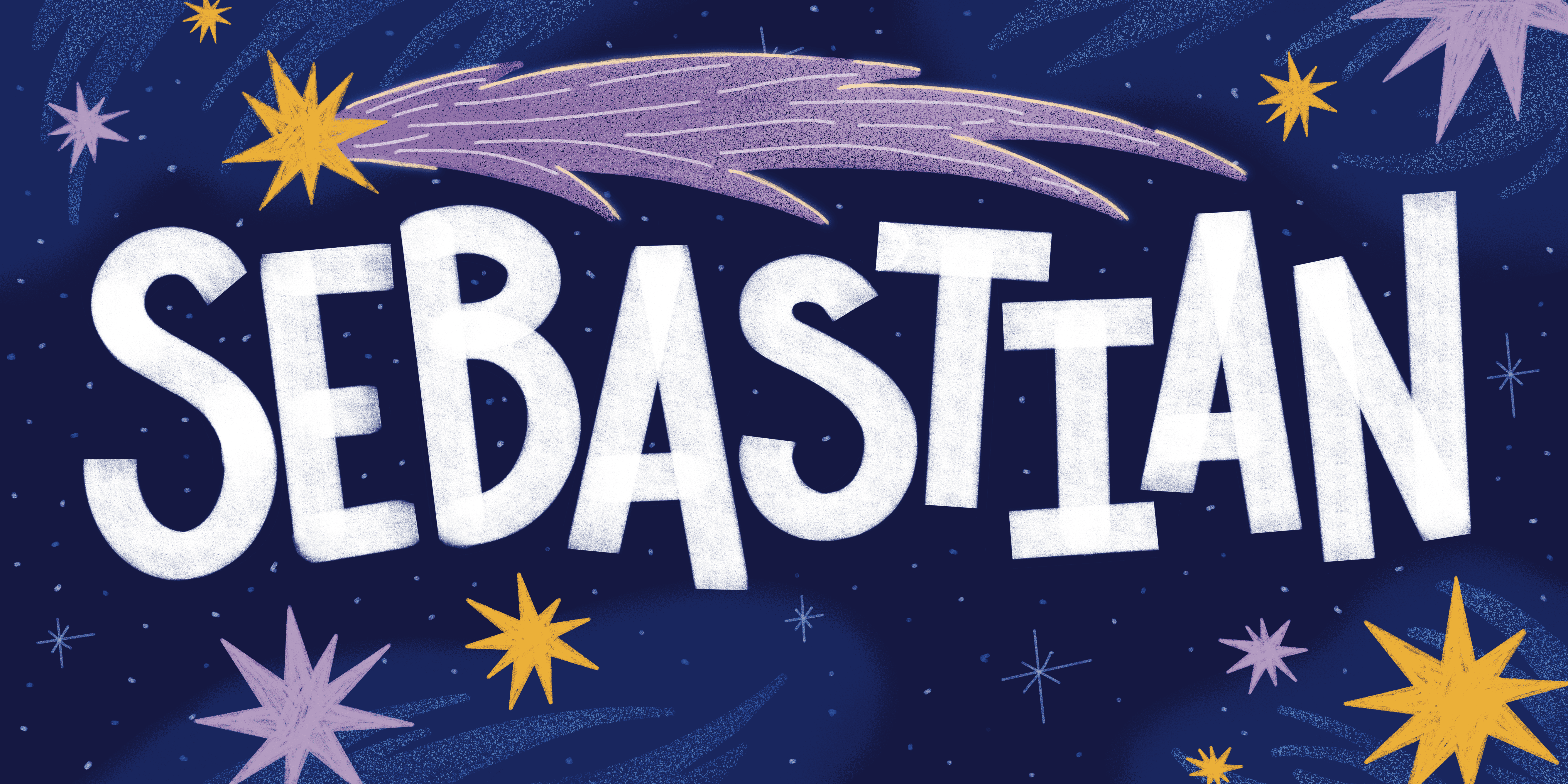 A hand lettered comissioned sign for a child's bedroom. The name Sebastian is lettered large in the center. The background looks like outer space. There are shooting stars flying around the canvas.