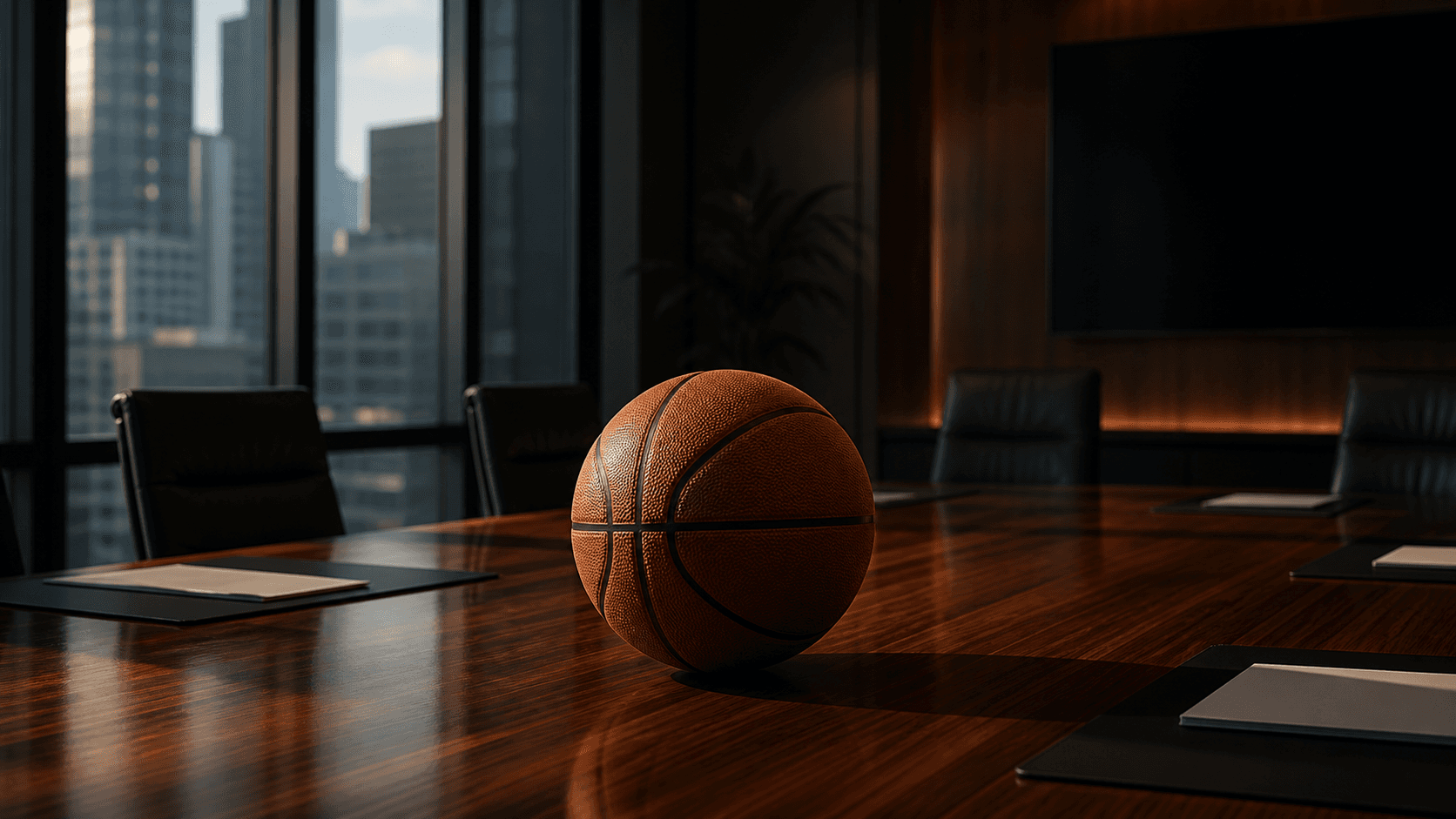 Basketball on a boardroom table for the business to basketball rebrand article