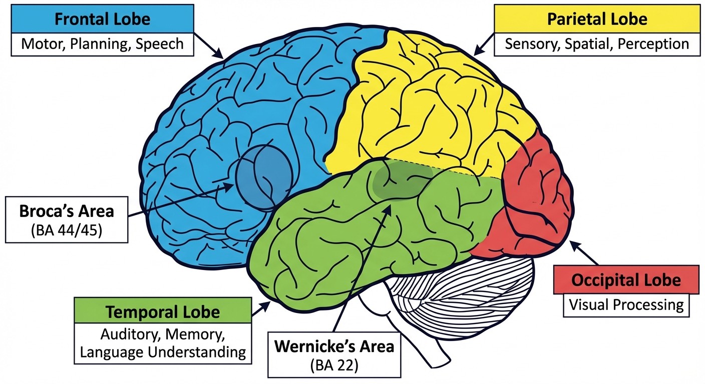 Brain anatomy diagram showing Broca and Wernicke areas with Brodmann area labels