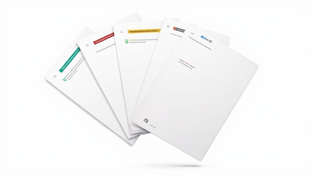 Eine Fächeranordnung von fünf weißen professionellen Bewerbungsunterlagen oder Mustern mit farbigen Kopfzeilen und Text.