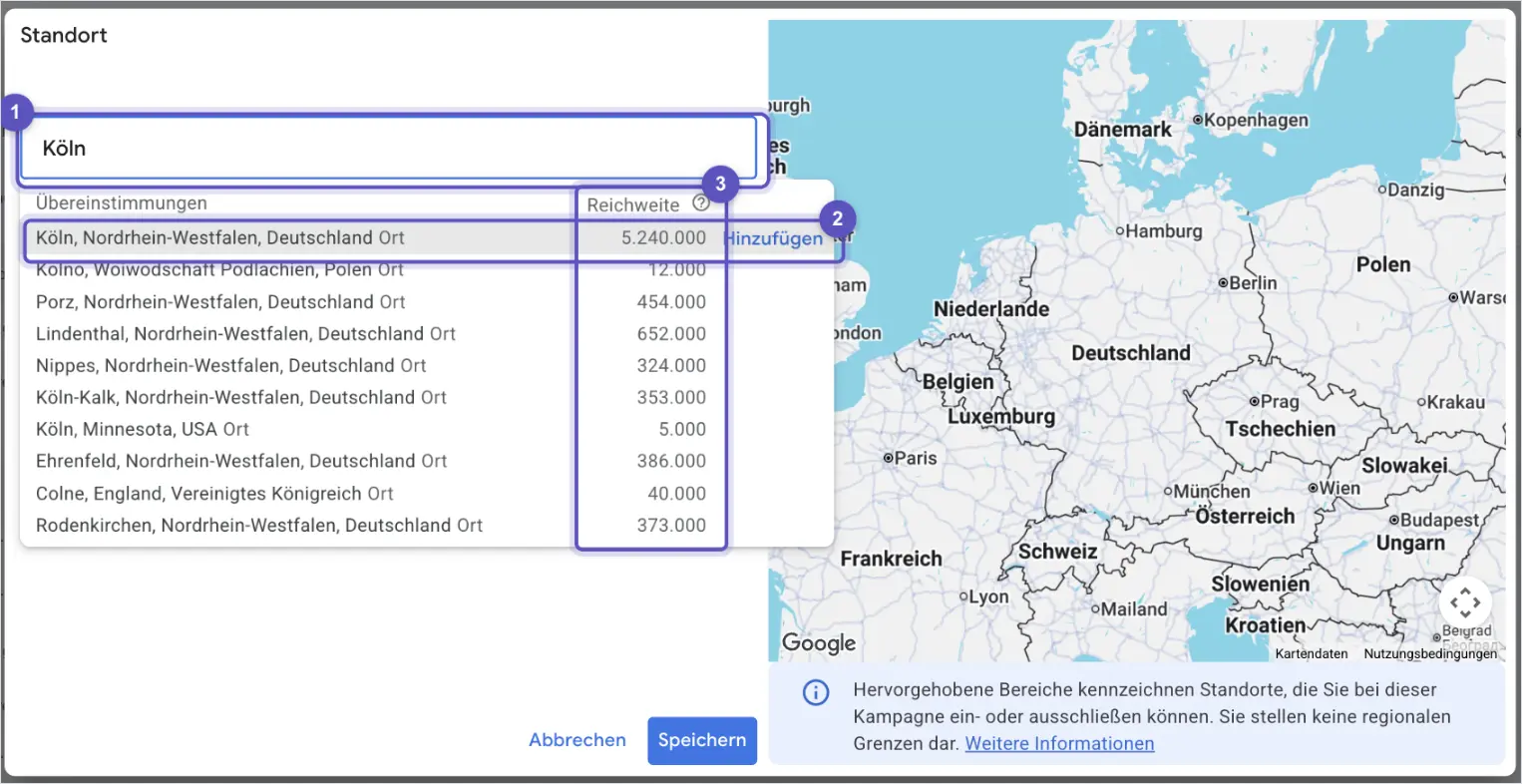Dialog Standort im Keyword-Planer mit der Suche nach Köln, dem Treffer Köln, Nordrhein-Westfalen, Deutschland samt Reichweite und Link Hinzufügen, darunter Kölner Stadtteile als eigene Orte.
