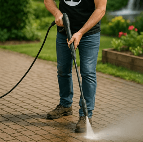 Osoba czyści kostkę brukową karcherem