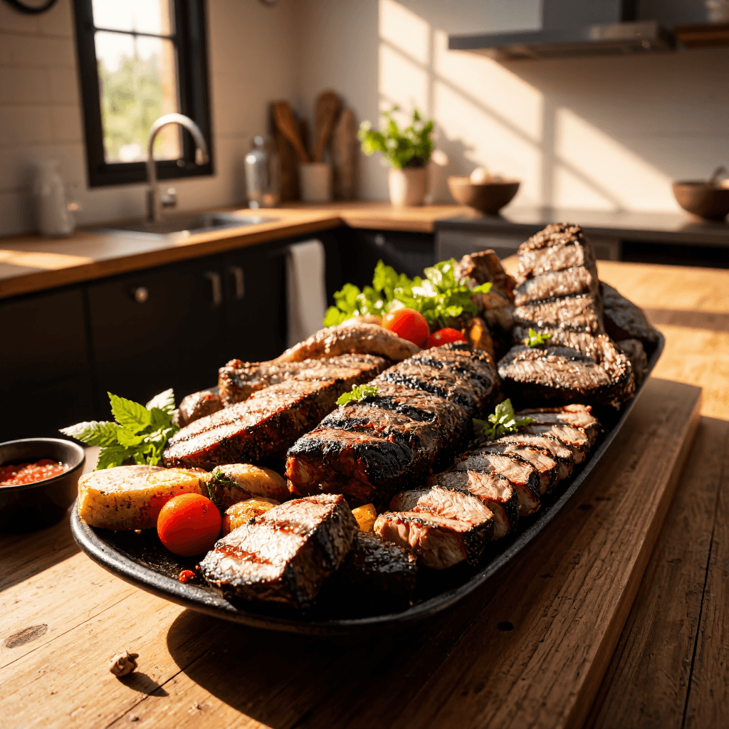 product photography of a platter of grilled meat