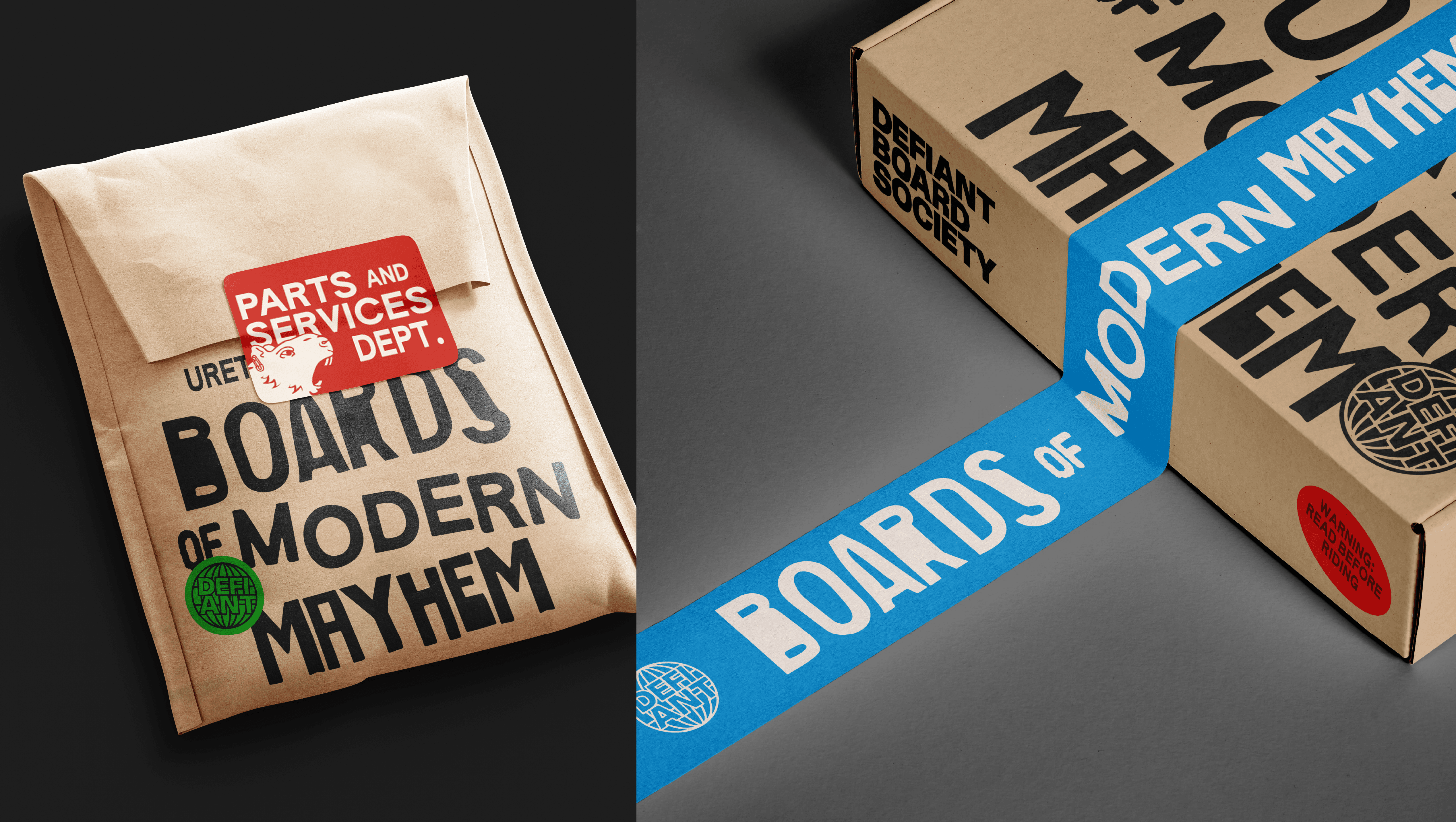 Branded packaging with kraft paper, stickers, and tape featuring Defiant Board Society graphics