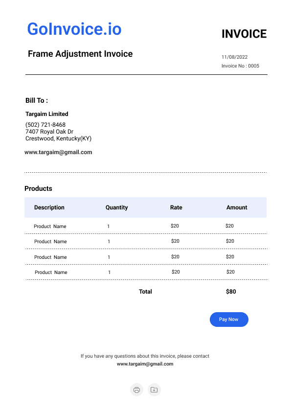 Frame Adjustment Invoice