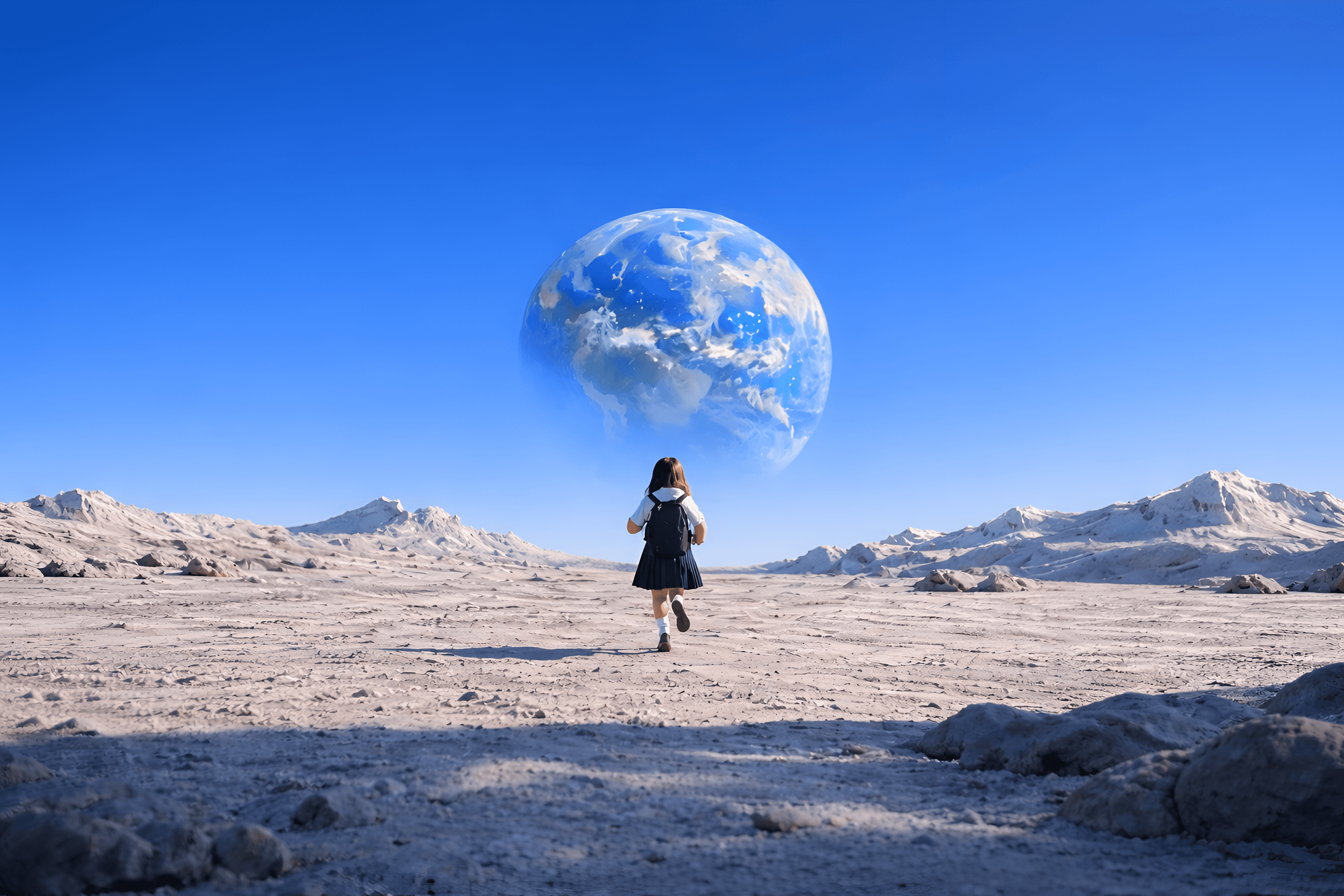 Student walking towards the earth