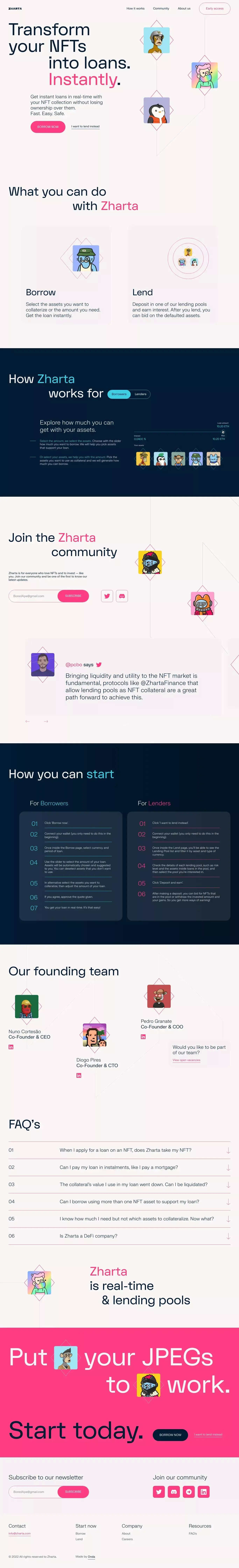 Zharta landing page screenshot showcasing Tech and Finance design