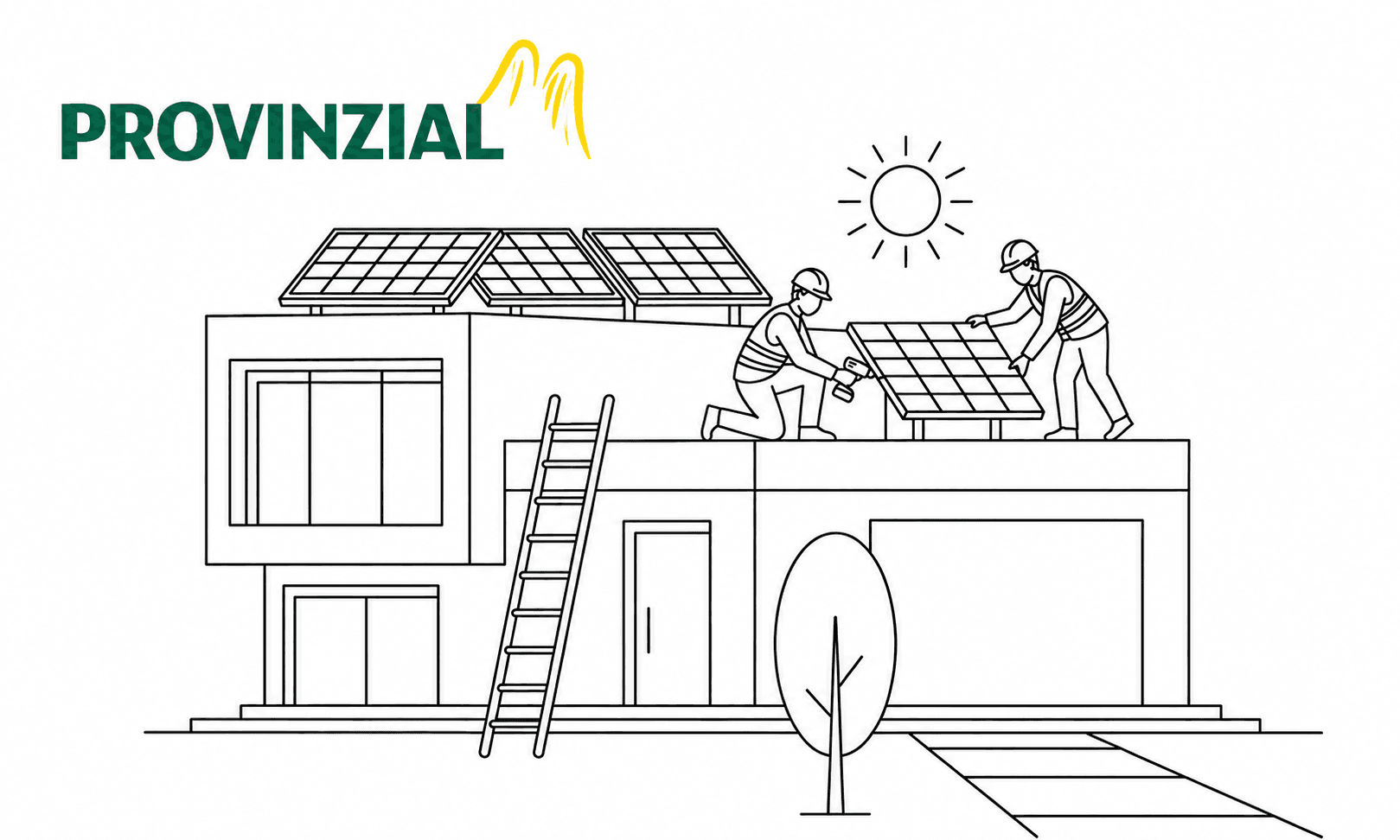 Workers install solar panels on a house roof.
