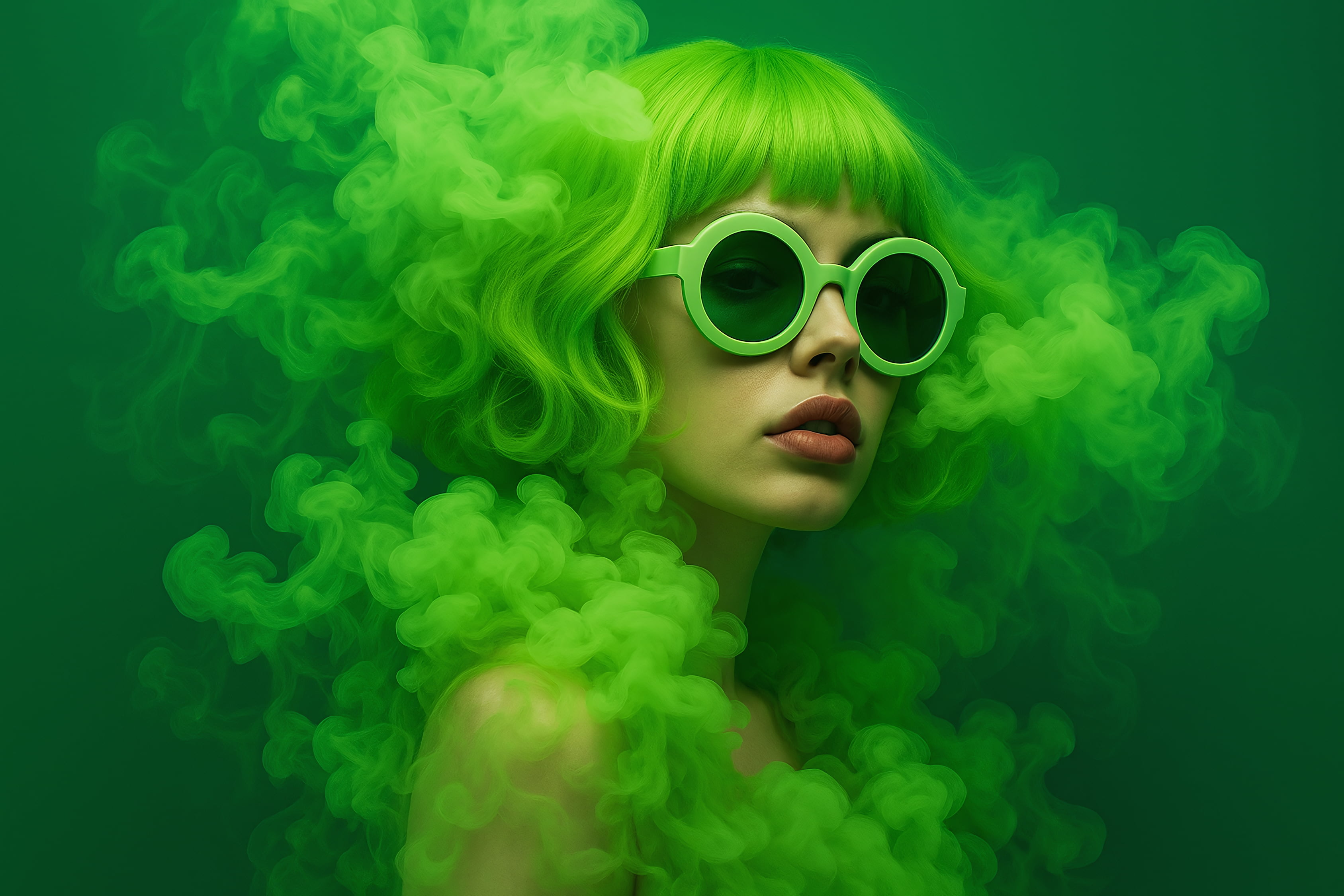 femme avec lunettes et fumée verte