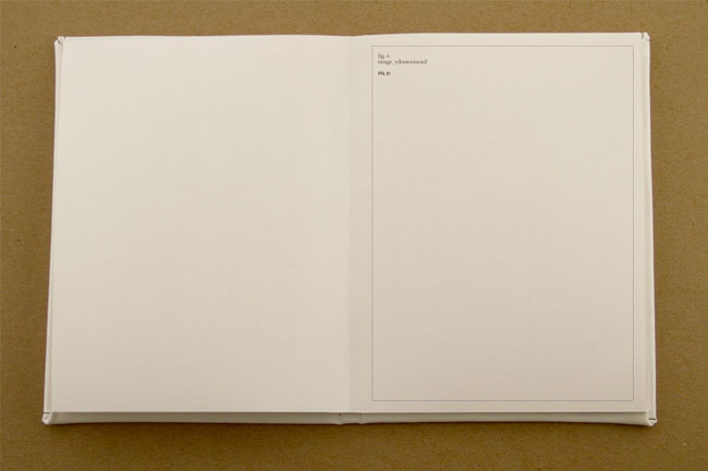 The image shows an open white book or notebook lying flat on a brown surface. The pages are blank except for a rectangular section on the right page that contains handwritten text. The text reads "Fig. 4 image, advanced" and "PG. 3". The book has a thin white spine along its left edge. The brown surface provides a neutral background that contrasts with the white pages.