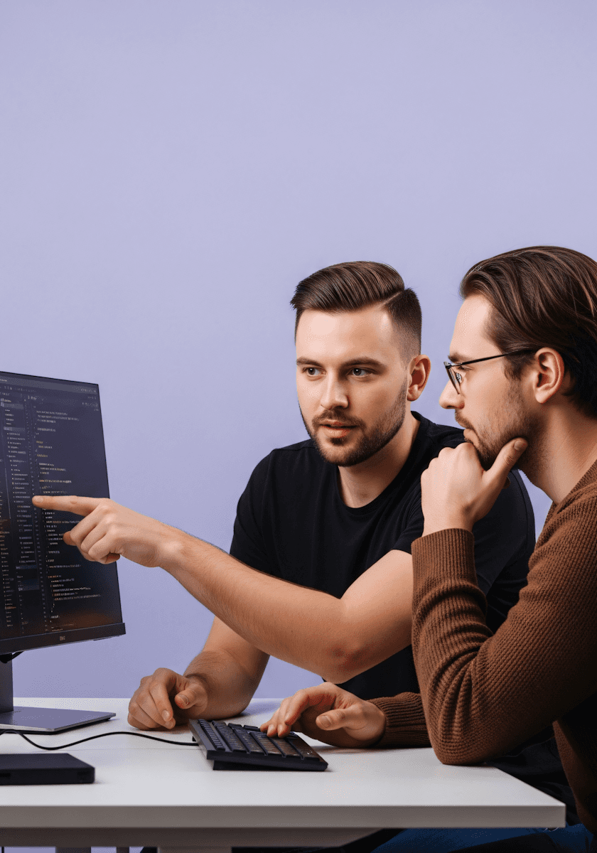 Two individuals collaborating on coding at a desk, one pointing at the screen while the other observes attentively, in a professional setting.