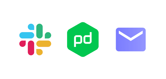 Logos of Slack, PagerDuty, and email, as examples of supported notification channels.