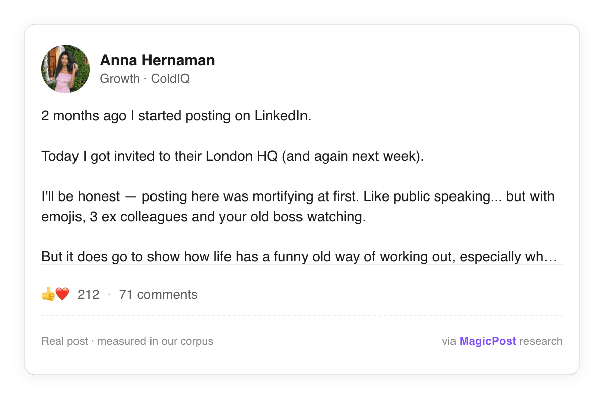 Anna Hernaman, ColdIQ Growth, in a LinkedIn post: two months after she started posting, invited to LinkedIn's London HQ