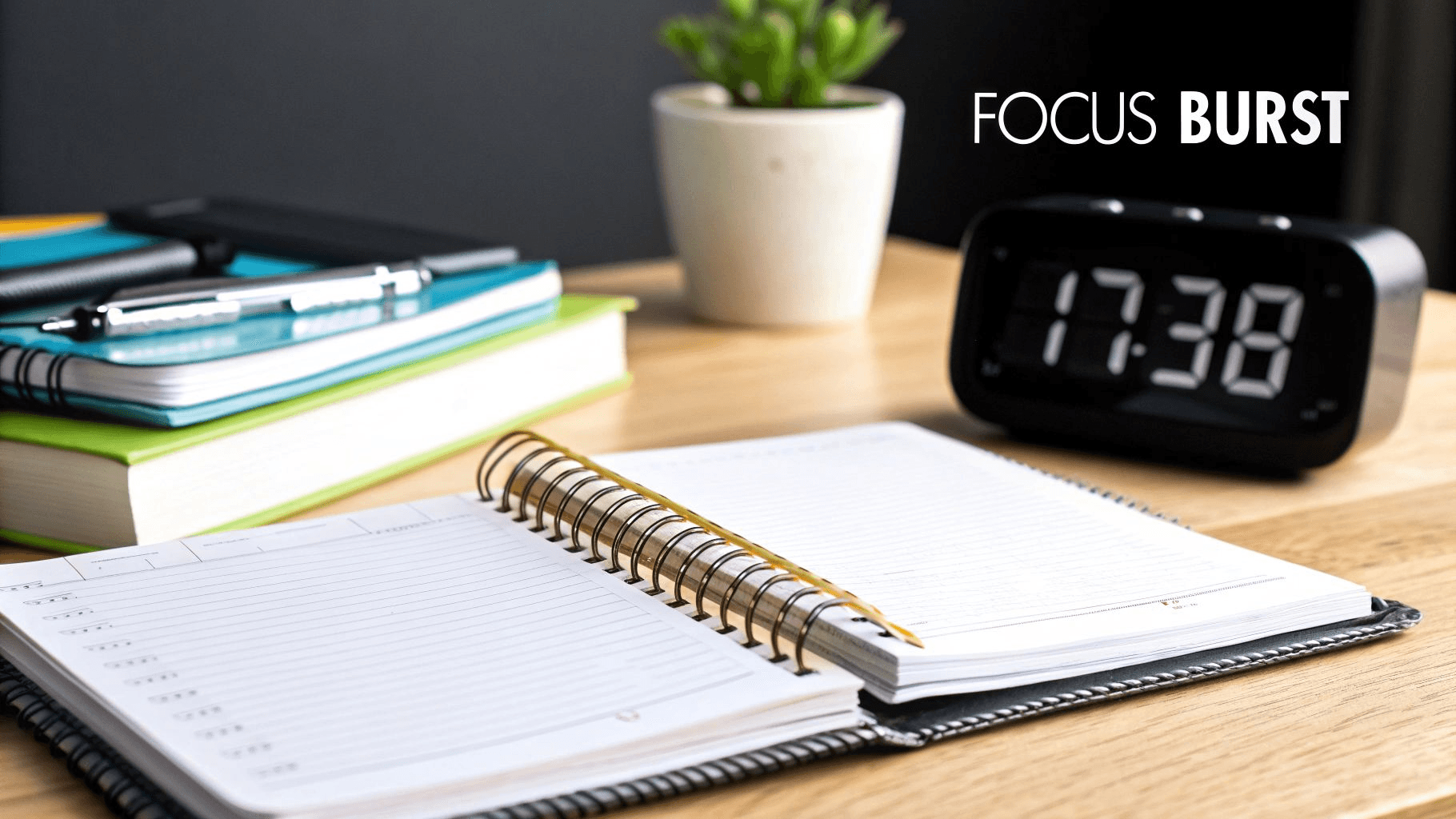 A picture of a notebook with a clock next to it and white text on black background saying, Focus Burst. 