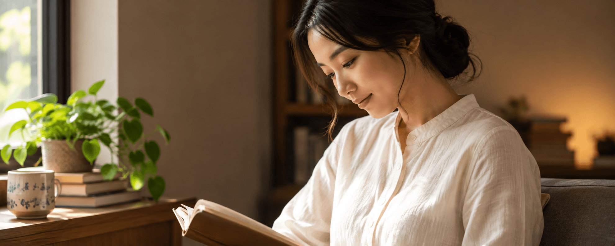 Woman reading a book by the window