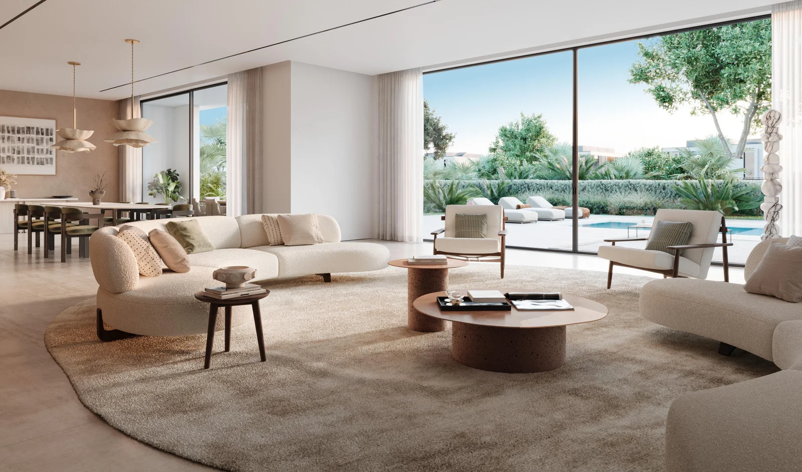A modern living room featuring large windows that overlook a pool, creating a bright and airy atmosphere.