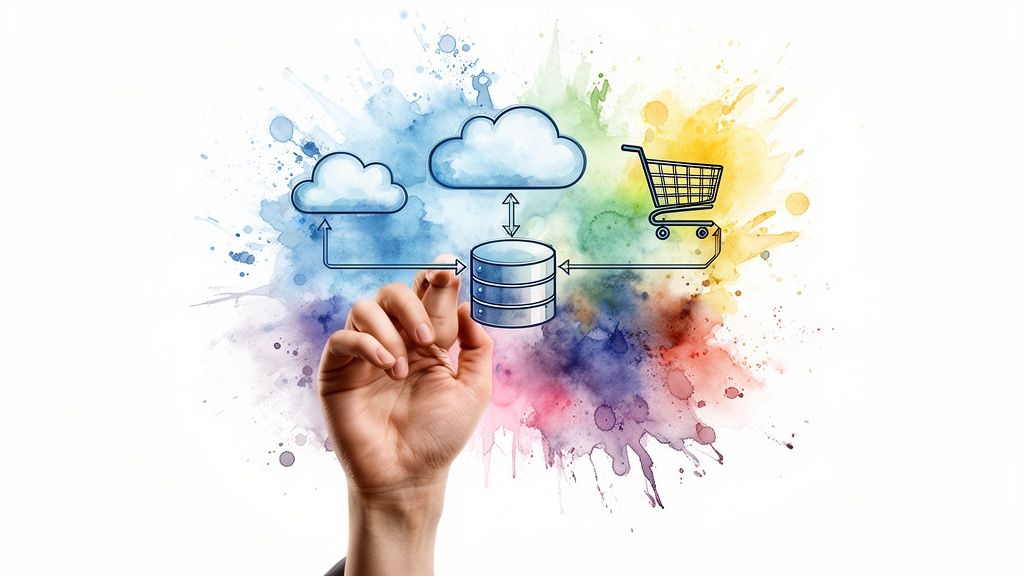 A hand interacts with a digital diagram illustrating cloud computing, a database, and an e-commerce shopping cart.