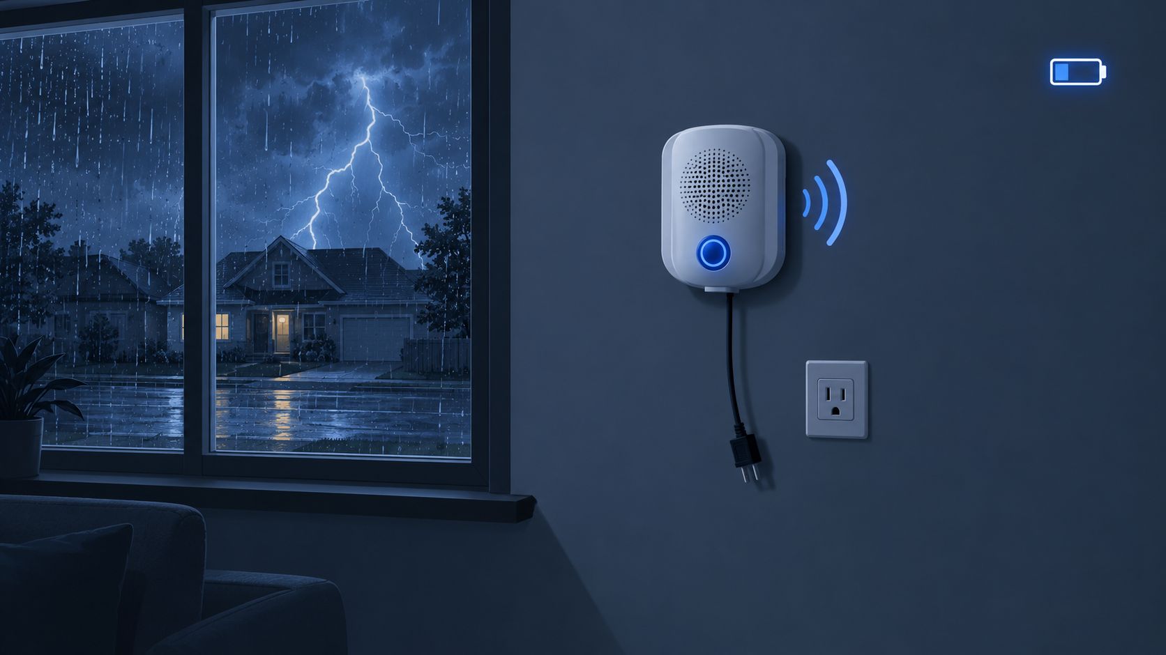 A smart home security device plugged into a wall outlet during a stormy night with lightning outside.