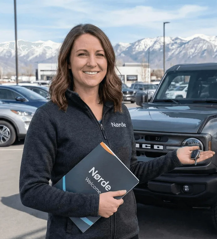 Smiling woman holding a folder in a car parking lot with snowy mountains in the background.
