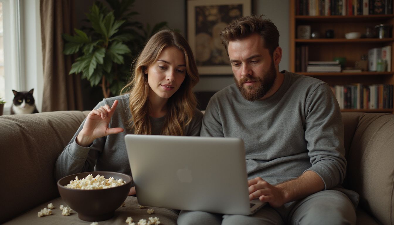 A couple humorously debates vacation options while lounging with popcorn, and their unimpressed cat observes from the bookshelf.