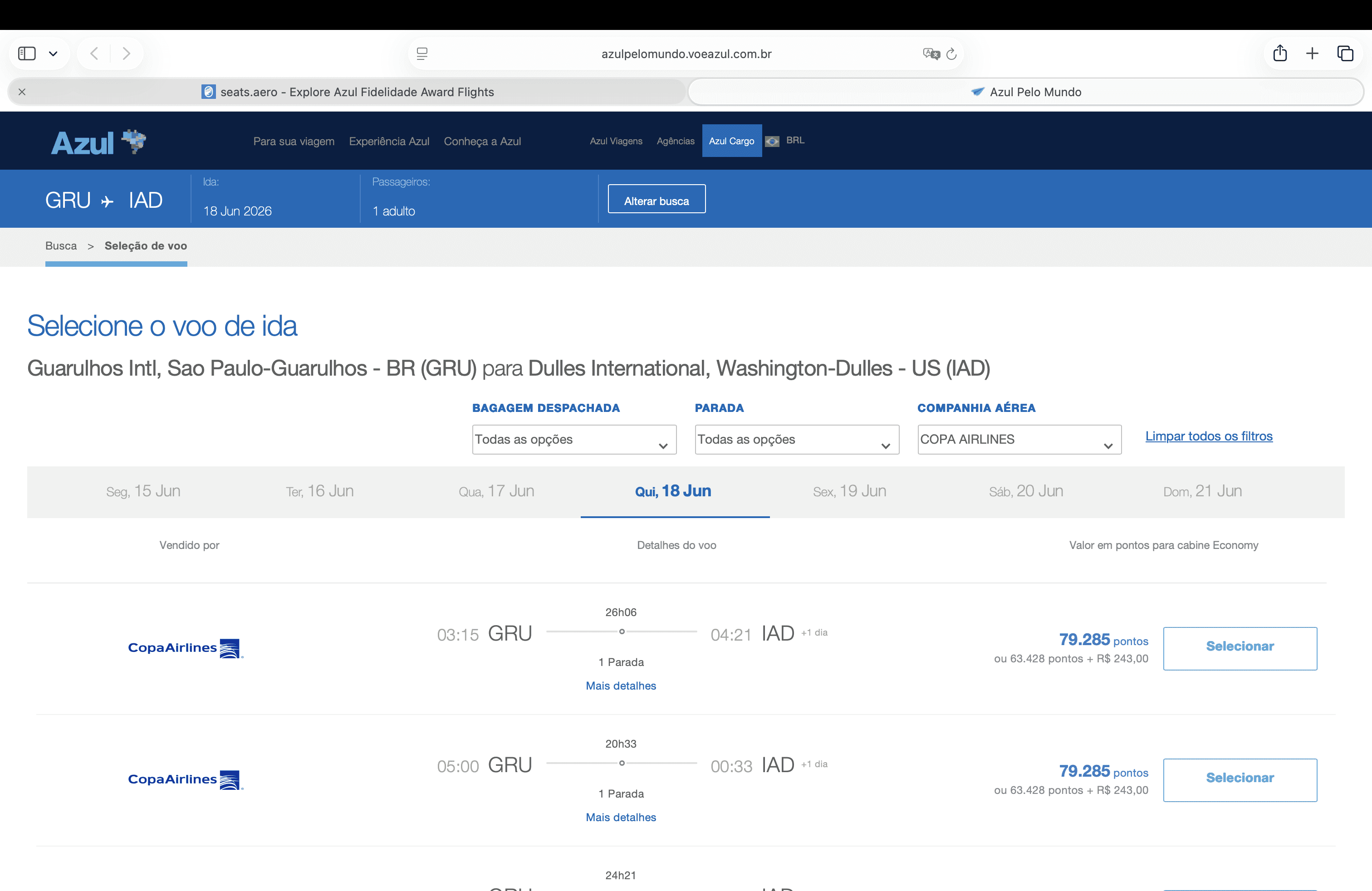 disponibilidade do voo da CopaAirlines a ser emitido pela Azul